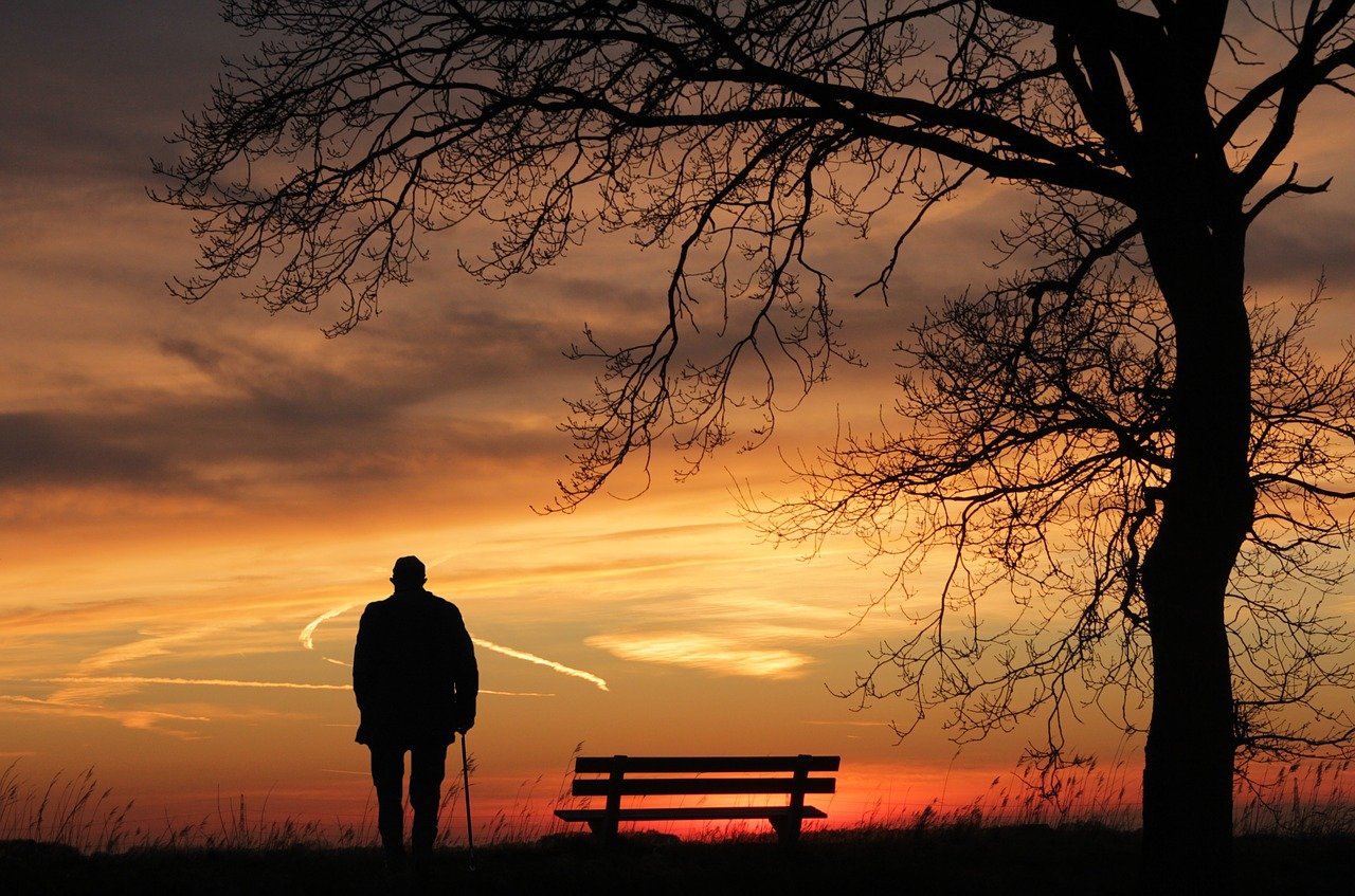 Mann mit Geh-Stock von hinten, vor Sonnenuntergang.